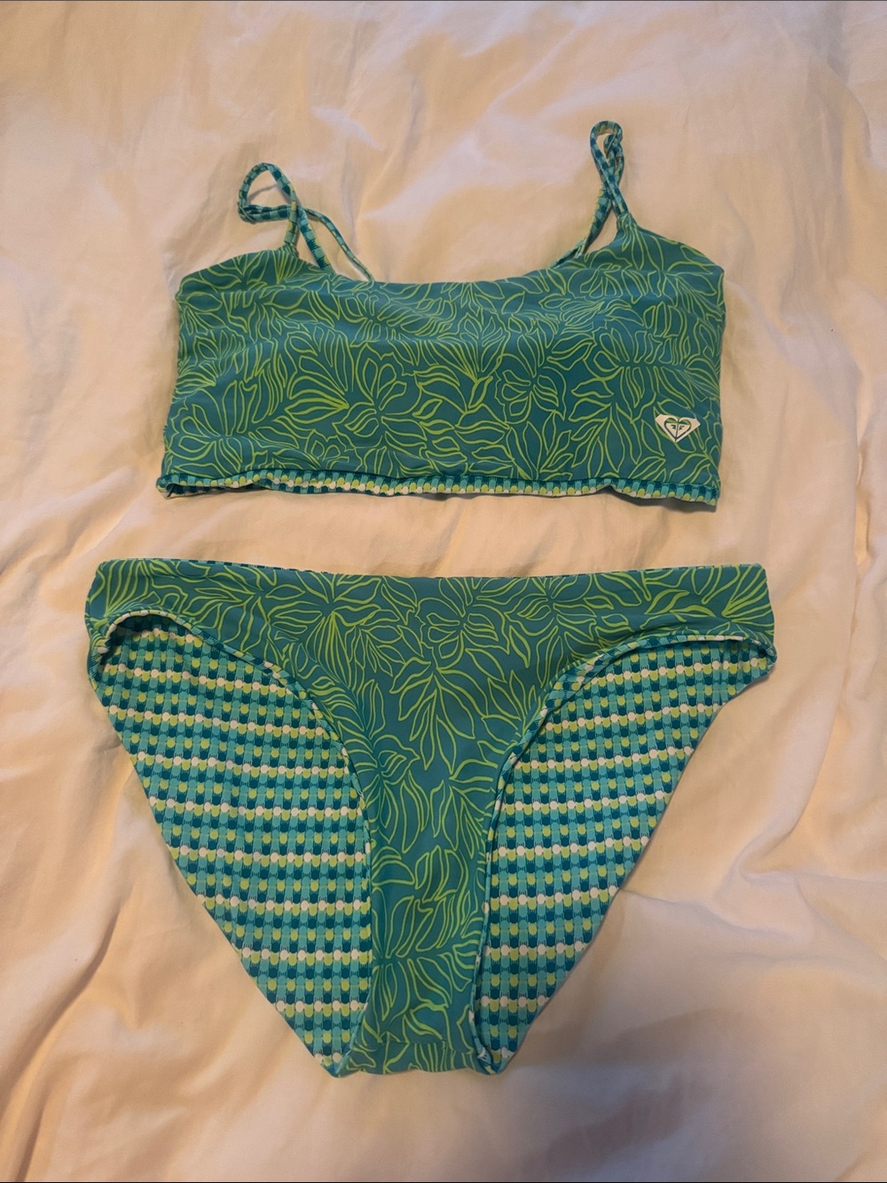 Roxy Green Floral & Check Reversible Bikini Set - Women Swim small